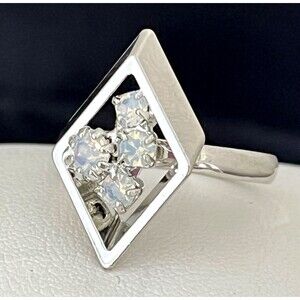 Vintage 1960s Cocktail Ring Mid Century Modern Opal Rhinestone Silver Tone - 4I